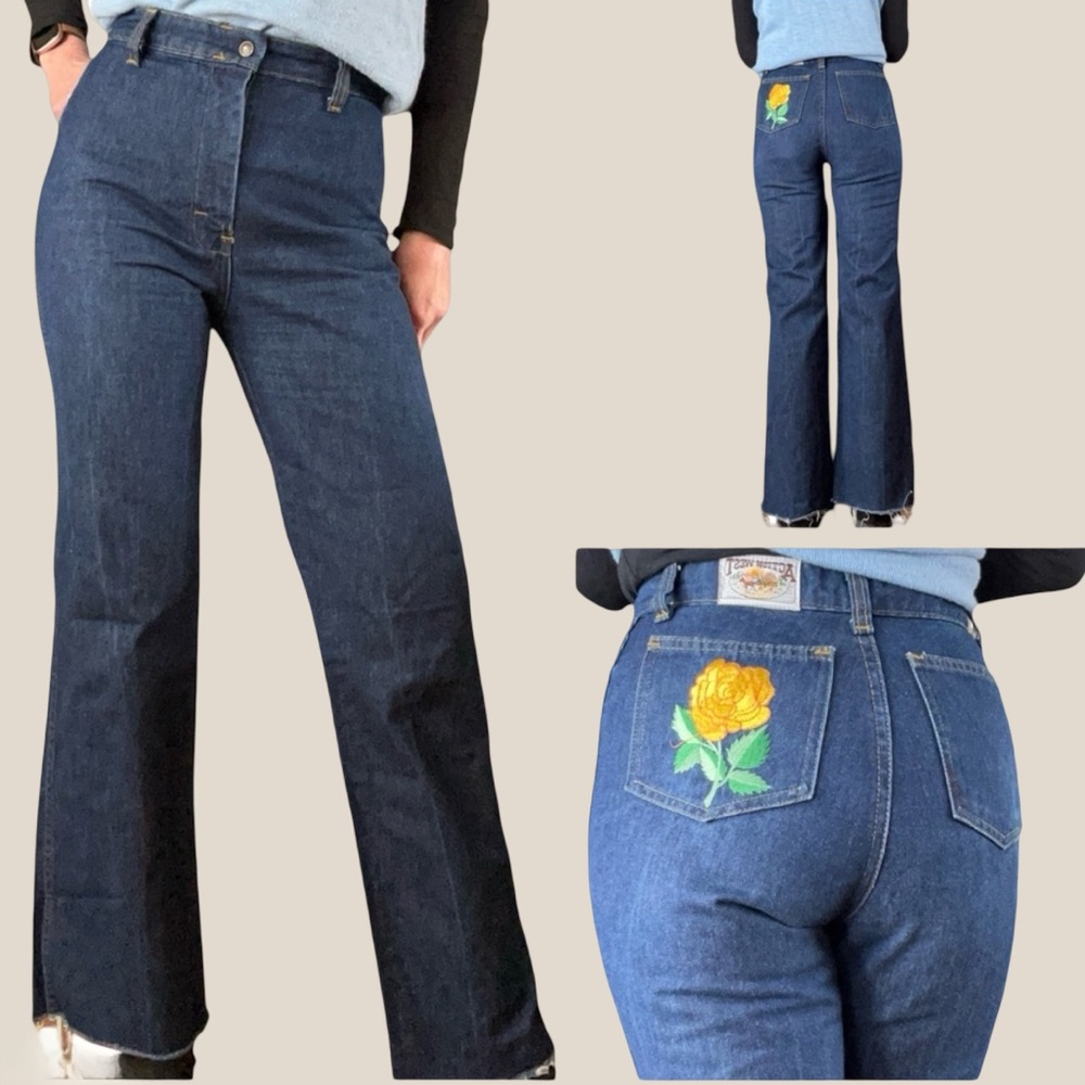 Vtg 1978-83 Action West Embroidered Rose High Rise Wide Leg Western Jeans Sz 4